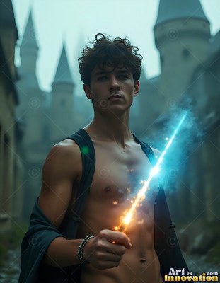 A young man clutches a sparkling wand that shines with bright blue light