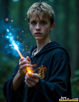 Facing forward in the woods, a young man grips a wand sparking with blue light