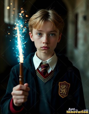 A young blond man in school robes holds up a wand sparking blue light
