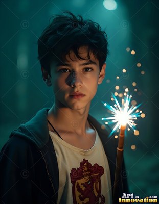 In a dark room, a young man holds a lit sparkler wand