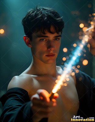 Holding a sparking wand, a bare-chested young man points bright light forward