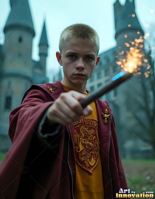 Young man in a red cloak pointing a sparking wand by the walls of a castle