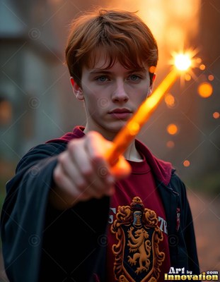 Messy red hair frames a young man in robes aiming a bright fiery wand outdoors