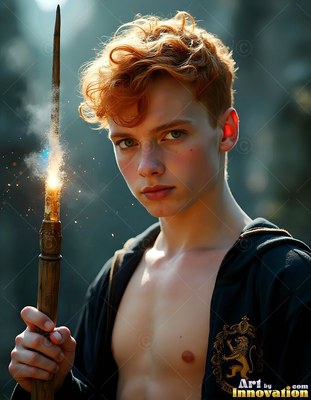 A young man grips a sparking wooden wand that shines with bright yellow light