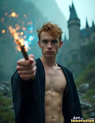 Facing forward by a castle, a bare-chested young man points a wand with sparks