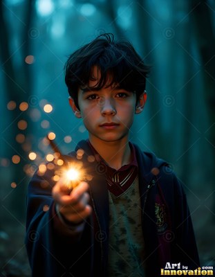 A young man in a dark school robe holds out a bright spark in the woods
