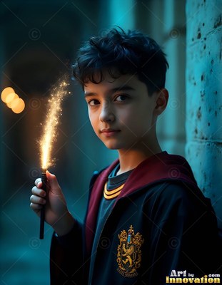 In a stone hallway, a young man carries a sparking wand while wearing a dark robe