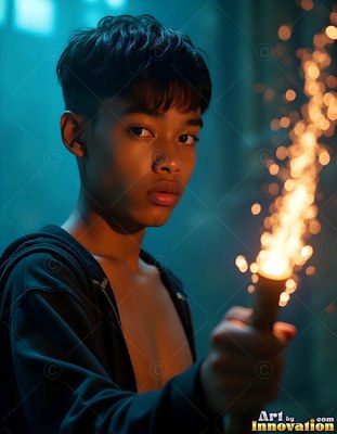 Holding a sparked torch, a young man looks forward in dark teal light