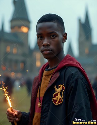 Young man in a lion crest jacket holding a sparkling wand by the walls of a castle