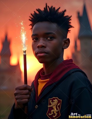 A young Black man in a dark robe holds a sparking wand before castle towers at dusk