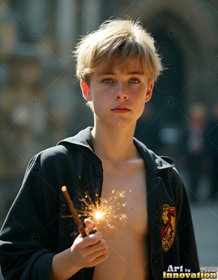 A young man holds a wand that bursts with bright golden sparks outside