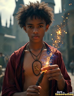 Facing forward in a castle yard, a young man holds a sparking wand