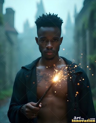 A shirtless Black man holds a wand making sparks outdoors in foggy air