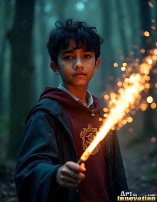 In a dark forest, a young man clutches a sparking wand in a red hooded shirt