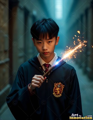 Holding a sparking wand, a young Asian man stands in a dark school corridor
