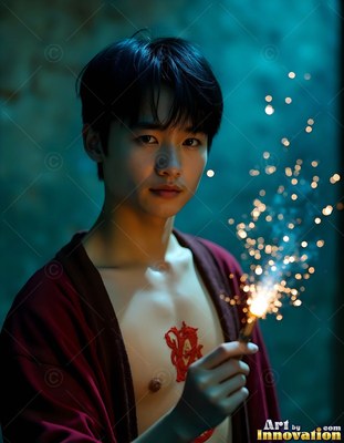 Young man in an open red robe holds a lit sparkler