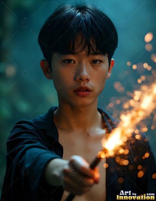 A young man wearing an unfastened black shirt holds a sparking wand in a dim blue room