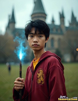 A young man holds up a wand that sparks with bright blue light in front of a castle
