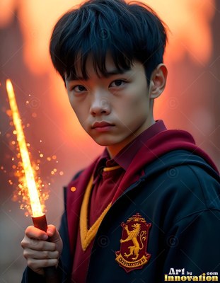 Facing forward outside, a young Asian man holds a bright fiery wand