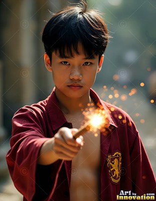 A young man in a parted red cloak points a wand that shoots bright sparks