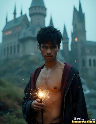 Before a misty castle, a shirtless young man carries a sparking black wand