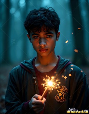 Holding a sparkling wand, a young man in a dark hoodie stands in the woods