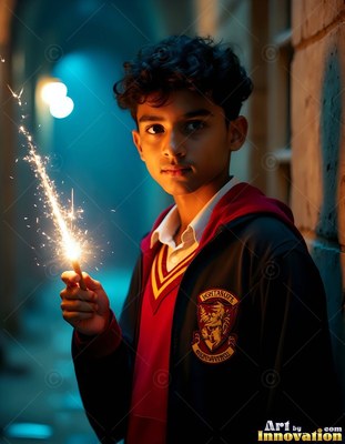 Young man holds a sparking wand in a dark hallway