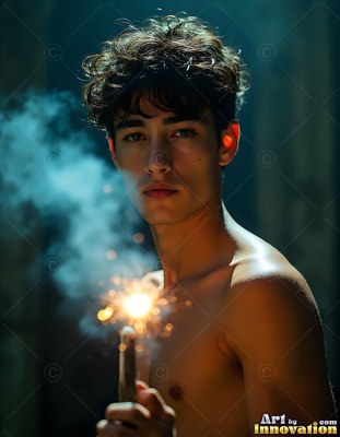 Tousled dark hair frames a bare-chested young man holding a sparking light in the shadows