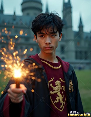 A young man points a wand that bursts with bright yellow sparks