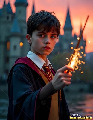 Facing forward outside a castle, a young man carries a sparking wand
