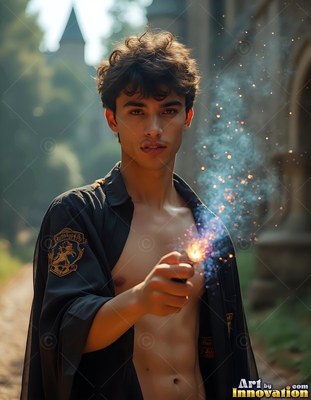 A young man with an open black robe holds a wand shooting bright blue sparks outside