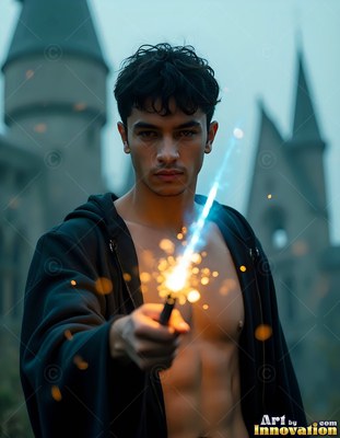 By the walls of a castle, a shirtless young man in a black cloak points a sparkling wand