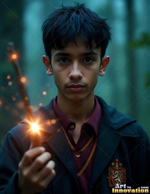Holding a bright spark on his wand, a young man wears a dark school robe in the woods