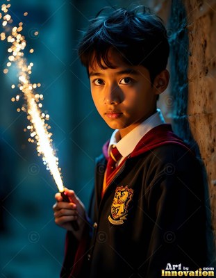 Young wizard man holding a sparkling magic wand