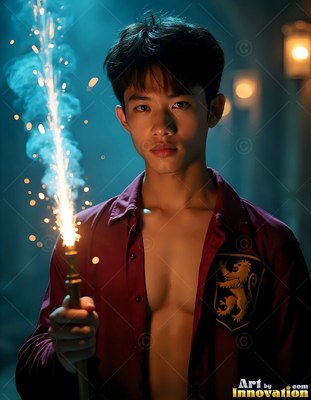 In an open maroon shirt, a young man grips a sparking wand in a dark hallway