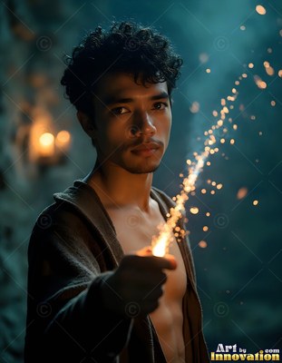 A young man points his hand forward, sending bright gold sparks into the dark