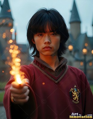 Facing forward at a castle courtyard, a young man holds out a spark-tipped wand