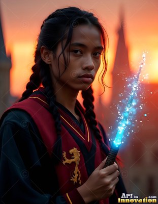 A young man in red and black robes holds a bright blue wand at sunset
