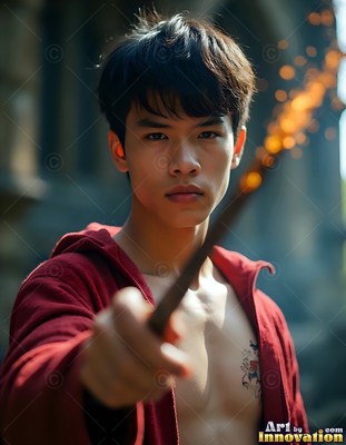 In a stone courtyard, a young man points a wand with bright sparks