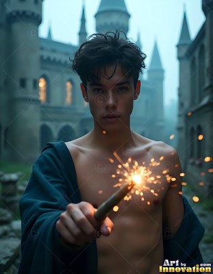Holding a sparking wand, a shirtless young man stands outside a stone castle