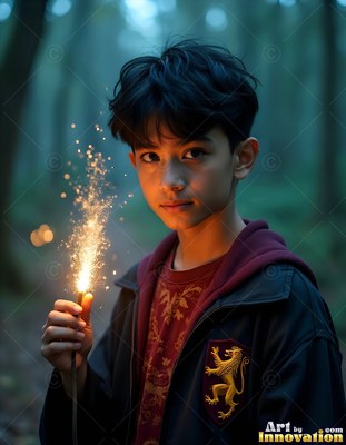 Young man in robes holds a sparking wand in woods