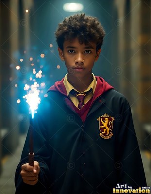 Wearing a black school robe with a red crest, a young man carries a sparkling wand in a dim hall
