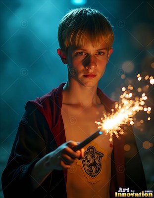 A young man points a wand that shoots bright sparks in a dark blue room