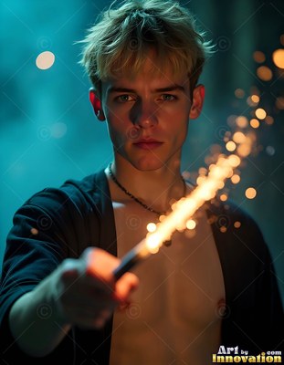 Facing forward in the dark, a young man points a wand sparking yellow light