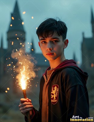 A young man holds a sparking wand outside a stone castle at dusk