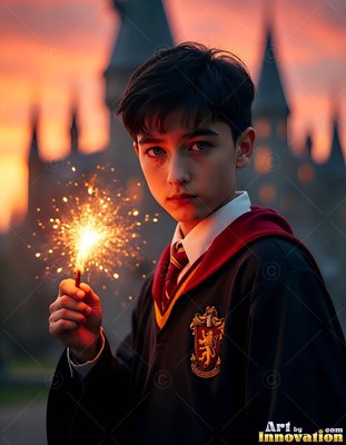 Just outside a castle at sunset, a young man in black robes holds a bright sparkler