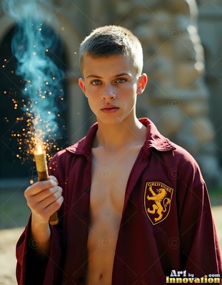 Holding a smoking wand, a young man poses outdoors in an open maroon robe