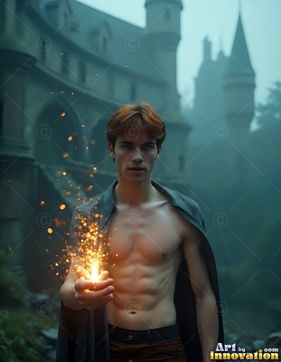 A shirtless man holding bright yellow sparks outside a castle