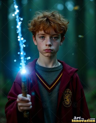 Red curly hair on a young man in dark woods holding a wand shining blue sparks