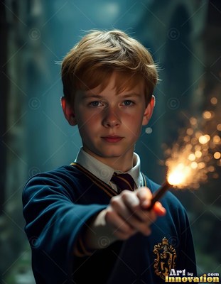 A young man points a wand that casts bright yellow sparks in a dark hall
